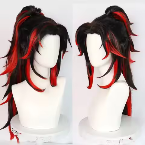 HAIRJOY Synthetic Hair Kokushibo Cosplay Wigs Ombre Black Red Cosplay Wig with Long Ponytail Rose Ne
