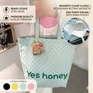 Canvas Tote Magnet Clasp Inner Pocket Large Capacity Cute Polka Dot Beg Kanvas