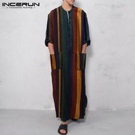 INCERUN ชุดคลุมลายทางผู้ชายมุสลิม,ชุดแขนยาวมีกระเป๋ากระโปรงลายทางสไตล์อาหรับอิสลามดูไบคาฟทานอะบายา