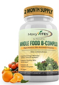 วิตามินบีรวม, วิตามิน B รวม , MoxyVites Vitamin B Complex - B Vitamins Whole Food Supplement, B12 Methylcobalamin, B1, B2, B3, B5, B6, B7, B9 - for Stress, Energy and Immune Support, Vegan, 120 Capsules