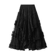 Women Cake Skirt Elastic High Waist Splicing Asymmetric Jacquard Tulle Skirt Solid Color A-Line Long