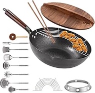 Carbon Steel Wok Pan, 13 PCS Wok Set 13" Stir Fry Pan with Wooden Lid &amp; Handle Chinese Wok with Wok Utensils Cookware Accessories Suitable for All Stoves
