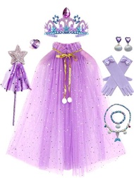 1套兒童美人魚公主披風和尾巴,珠寶套裝,皇冠,星形魔棒,馬卡龍顏色,適用於女孩假日派對和表演服裝
