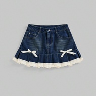 Váy chữ A denim chắp vá ren trang trí nơ phong cách dễ thương Himekaji dành cho nữ