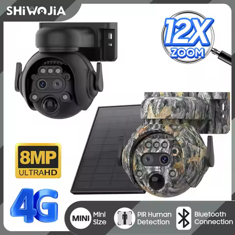 SHIWOJIA 4K 8MP 12X ZOOM 4G SIM Solar Cameras Security Outdoor 360° View Animal Monitoring Camouflag
