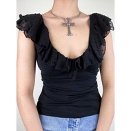 Amyway Sexy Spice Girl's Ruffled Black Short Sleeve Polo Dot Top