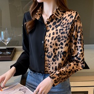 New leopard print stitching fashion western style long-sleeved shirt ladies top