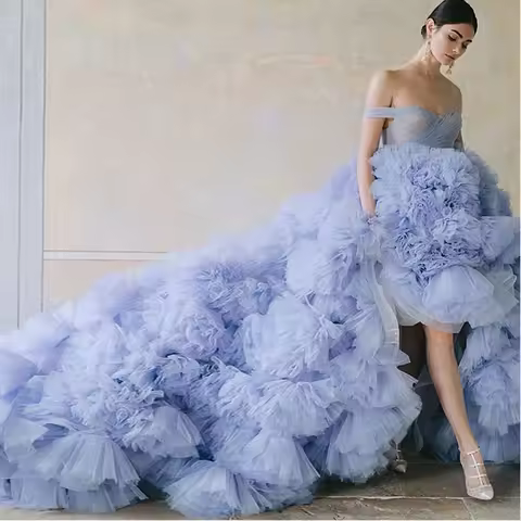 Gorgeous Lilac Puffy Ruffles Tulle Wedding Gowns 2022 High Low Long Bridal Dresses Lush Tulle Women 