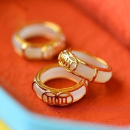 【Jewelry Shop】แหวน คู่ แหวนทอง แหวนผู้หญิงสวย เงินสเตอร์ลิงชุบทองธรรมชาติHetianแหวนหยกหญิงชายคู่แหวนฝังแหวนหยกคู่ของขวัญสีขาวหยกหางแหวน