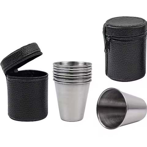 Outdoor camping -4-piece set of stainless steel mini whiskey glasses, portable black leather bag, 30