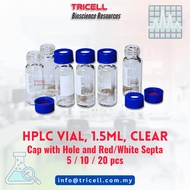 SAMPLE VIAL, WITH INJECTION HOLE + SEPTA, FOR HPLC / LCMS / GCMS, CLEAR / AMBER
