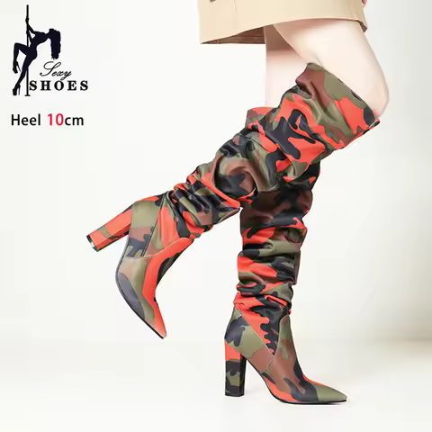 Size 34-43 Camouflage Long Boots For Ladies Autumn Shoes 10CM/4Inch Fashion Pointed Toe High Heels O