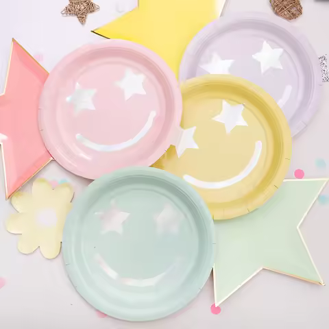 8pcs Mix Color Star Smiling Expression 9inch Plates Birthday Party Decorations Tableware Set Smiling
