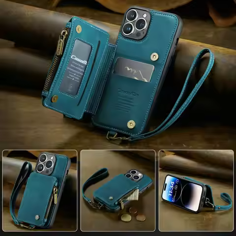 CaseMe Case For iPhone 13 Pro Max 12 Mini 11 X Xs 10 7 8 Plus Leather Retro Zipper Wallet Stand Back