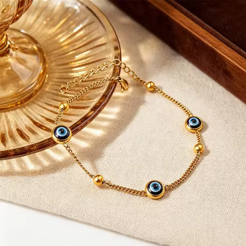 Fashion Blue Turkish Evil Eye Link Chain Bracelets For Women Stainless Steel Ball Beads Adjustable J