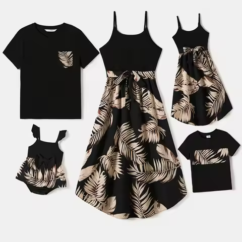 PatPat Family Matching Floral Print Belted Cami Dresses And Solid Short Sleeve Tops Sets