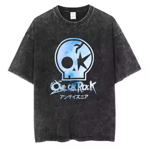 Vintage One Ok Rock Tour Tengkorak Washed Tshirts Men's Short Sleeve Tee Cotton Summer Oversized Hip