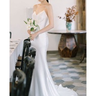 WOMEN V-NECK SATIN PROM PARTY GOWN WEDDING DRESS FOR BRIDES OPEN BACK PROM GOWN