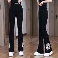 Womens elastic pants 2024 summer new print slimming fashion casual buckle flared pants
