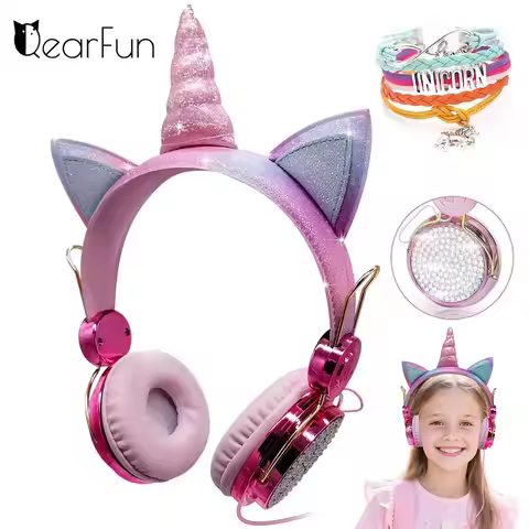 Pink Unicorn Kids Headphones Girls Diamond Wired Headphones with Microphone Music Headset for Childr