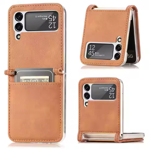 Card Slot Leather Case for Samsung Galaxy Z Flip 7 6 5 3 flip7 flip6 Flip5 Flip4 Flip 4 2 Flip2 Flip
