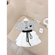 L20 Set bộ bé gái Set áo cotton cổ bẻ phối tim kèm chân váy 3 tầng cho bé gái