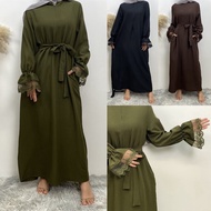 S-2XL Jubah Muslimah Dress Women Plus Size Loose Fit Lace Cuff Long Sleeve Dress Woman Baju Kurung Moden Jubah Abaya with Pocket Robe