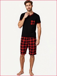【IN stock Christmas pajamas】 Mens Pajama Sets Short Sleeve Plaid Pajamas for Men Pjs Set Soft Lounge
