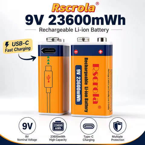 9V 23600mWh Rechargeable Li-ion Battery Type-C USB Charging High Capacity 9 Volt Lithium Battery for