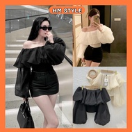 Off-the-shoulder crop top with puffy sleeves made of 2-layer foam silk, chic lady-style off-the-shou