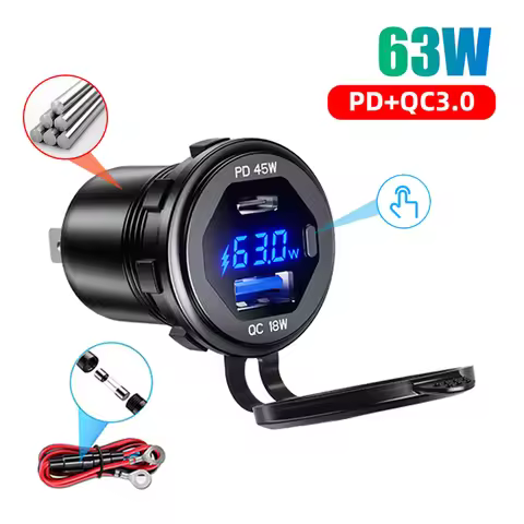 Aluminum USB C Car Charger Socket 12V/24V 63W USB Outlet PD Type C & QC 3.0 Car Dual USB Port with L