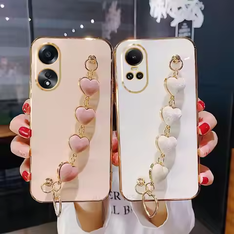Reno10pro Love Heart Wrist Chain Silicone Case For Oppo Reno 10 Reno10 Pro 5 7 Lite A38 A78 A57 A54 