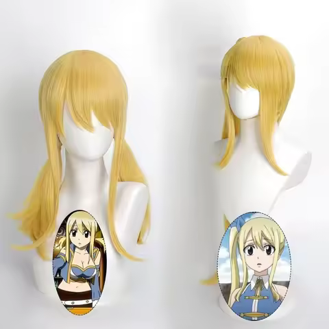 Anime Fairy Tail Lucy cosplay wig Integrated double ponytail style Gold Yellow Synthetic Long Straig