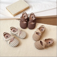 [SZ 22-31] Doll Shoes Grained Leather Sandals with 2 Perforated Cross Straps for Breathable Feet for