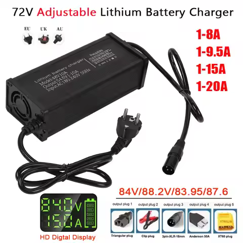 72V 1-8A 1-9.5A 1-15A 1-20A Adjustable Current Lithium Battery Charger 84V/88.2V/83.95V/87.6V LED Di