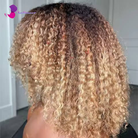 Curly Afro Wig Black Roots Honey Blonde Curly Wig For Black Women Human Hair Afro Kinky Curly Lace F