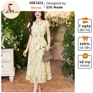 Đầm công sở CITI MODE FASHION thiết kế Đầm xòe vàng cổ V đính nơ DH5424