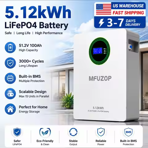 MFUZOP 48V(51.2V)100Ah 5120WH LiFePO4 Battery Support 15P Parallel with RS485/CAN 3,000+ Cycle Life