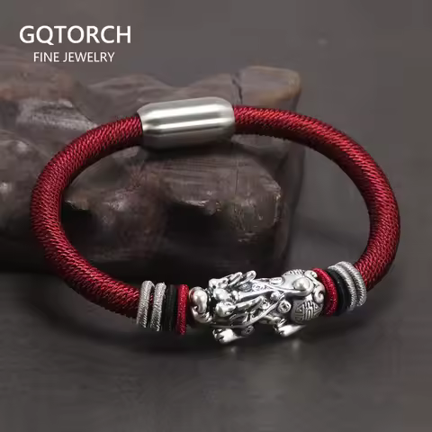 Real 999 Sterling Silver Pixiu Bracelet for Men and Women Magnetic Clasp Hand Braided Lucky Knot Ret