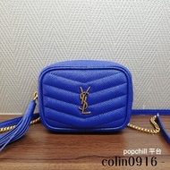 [ 過新年甜價出😍] YSL電光藍荔枝牛皮霧金釦Mini流蘇斜背包