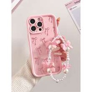 Butterfly Pearl Bracelet Decor Pink Painted Grooved Perforated Thick Anti-Drop Phone Protective Case