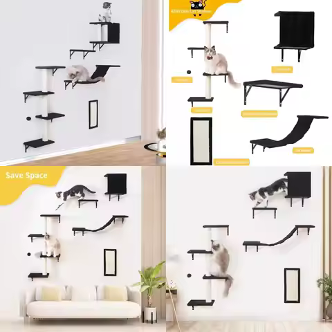 5-Piece Wall-Mounted Cat Furniture Set: Wooden Climbing House, Bridge, Tree, Steps, Scratcher in Bla