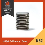 6 Pcs Neodymium D20mm x 1.5mm N52 Strong Earth NdFeb Magnets Super Strong Earth magnet