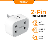 TESSAN 2-Pin Plug Socket with USB-A and USB-C Outputs 10A Fuse 2500W Max Power Rating 5V 2.4A 12W US