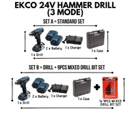 EKCO 24V (3 MODE) Cordless Electric Hammer Drill Impact 18 Speed Torque Set