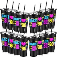 Uiifan 16 Pcs 70s 80s 90s Party Cute Reusable Cups with Lids and Straws 24 oz Cold Drinking Plastic 