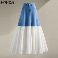 VONDA ชุดกระโปรงร่มเอวสูงแบบสุภาพสำหรับผู้หญิงเดรสแฟชั่นเย็บปะทรงเอ1121แนวเกาหลี