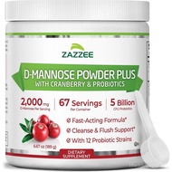 Zazzee D-Mannose Powder Plus, 2000 mg, 67 Servings, Free Scoop, Made in USA | Plus 5 Billion CFU Pro