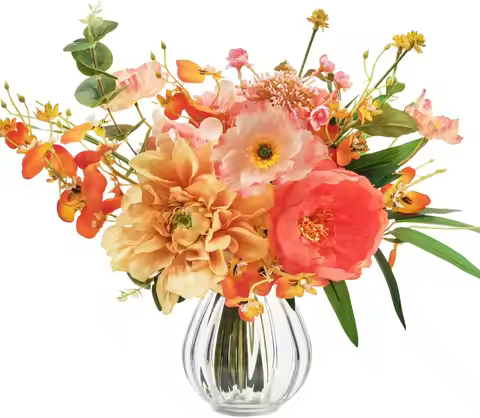 Artificial Flowers Silk Peony Flower Bouquet in Vase, Fake Flowers with Vase, Faux Flower Arrangemen
