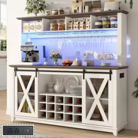 63"Wide 58"H Farmhouse Coffee Bar Cabinet with Power Outlet and LED Light, Wine Bar Cabinet w/ 4 Sto